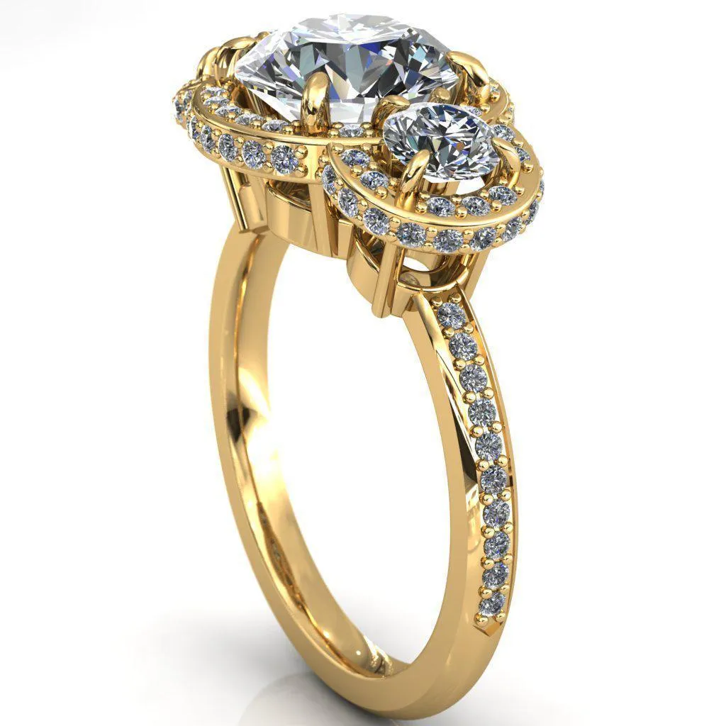 Melissa Round Center Stone 3 Stone Triple Halo Diamond Accent Ring