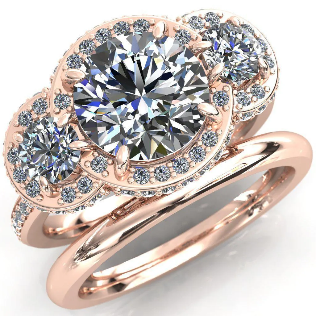 Melissa Round Center Stone 3 Stone Triple Halo Diamond Accent Ring