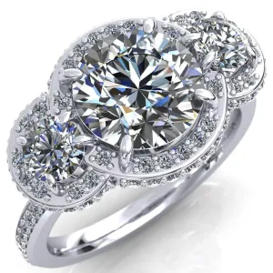 Melissa Round Center Stone 3 Stone Triple Halo Diamond Accent Ring