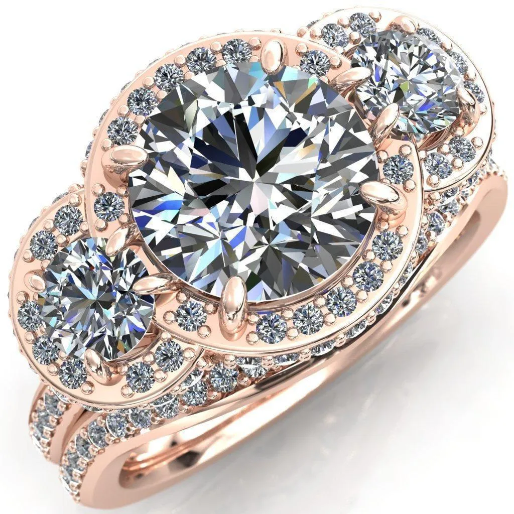 Melissa Round Center Stone 3 Stone Triple Halo Diamond Accent Ring