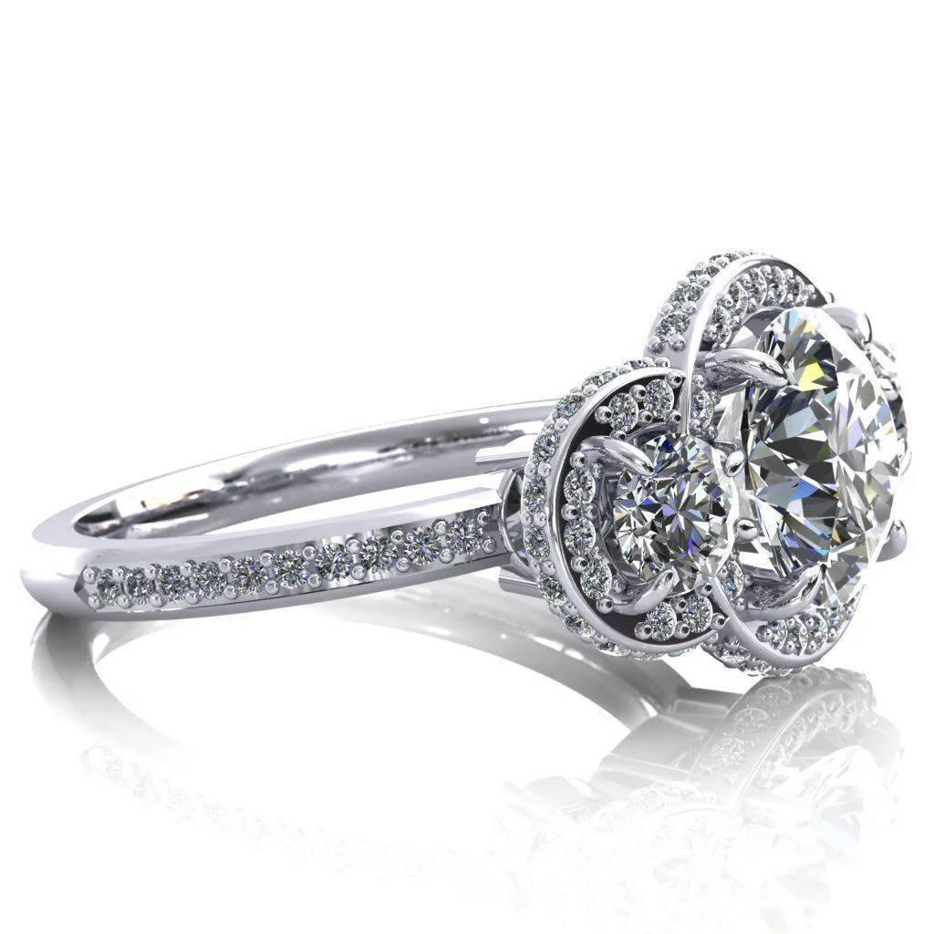 Melissa Round Center Stone 3 Stone Triple Halo Diamond Accent Ring