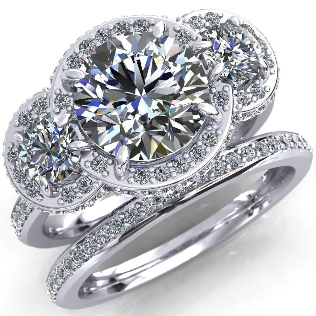 Melissa Round Center Stone 3 Stone Triple Halo Diamond Accent Ring