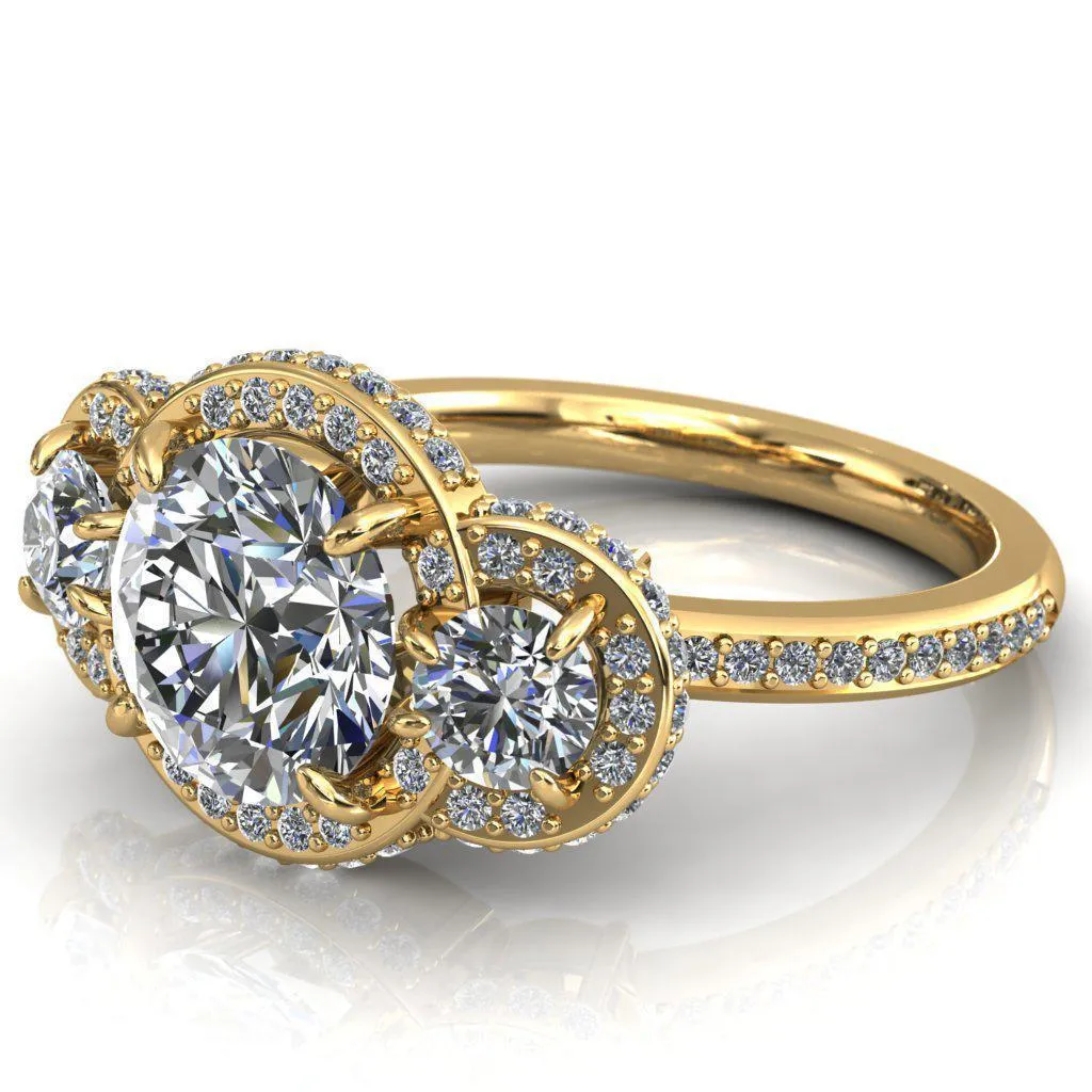 Melissa Round Center Stone 3 Stone Triple Halo Diamond Accent Ring