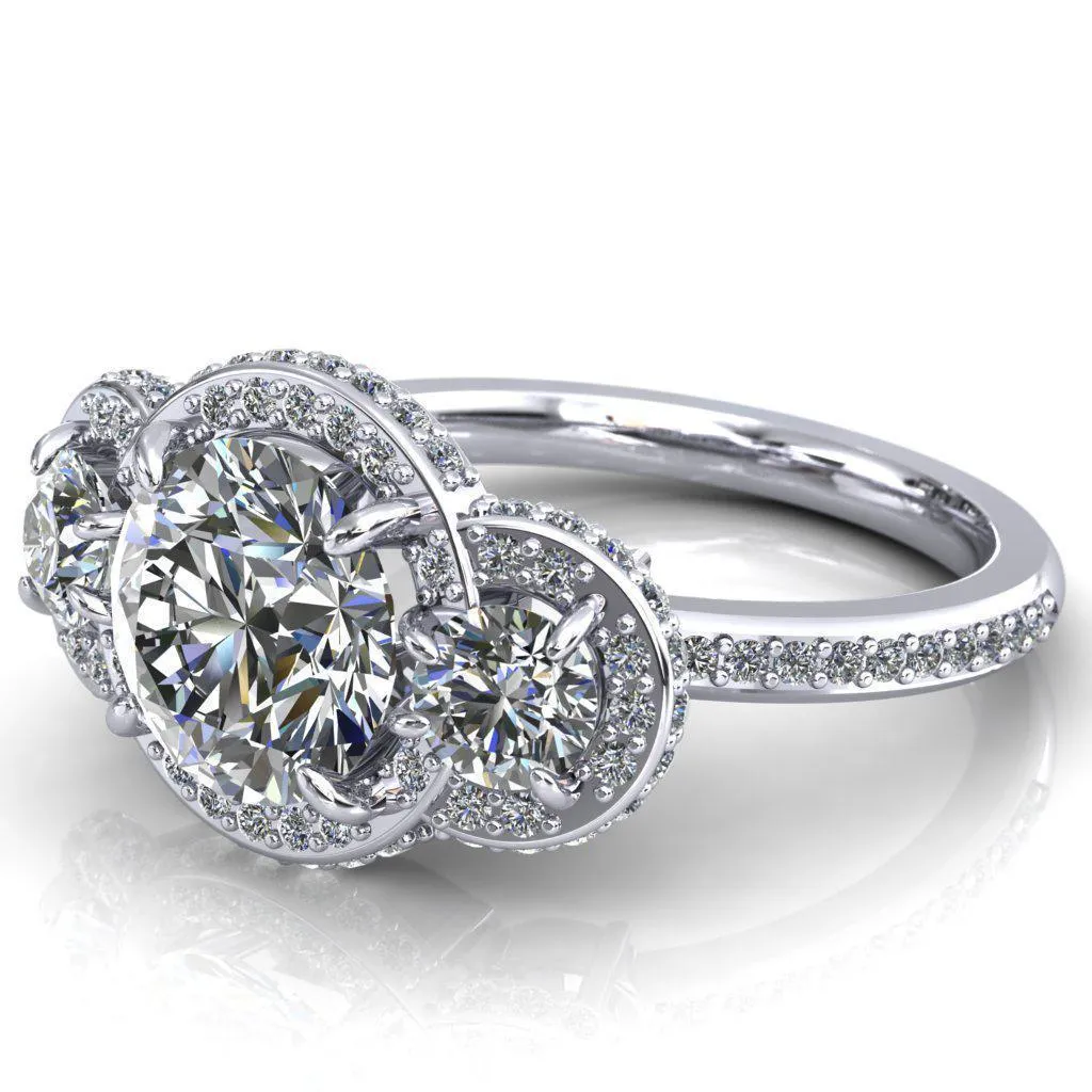 Melissa Round Center Stone 3 Stone Triple Halo Diamond Accent Ring