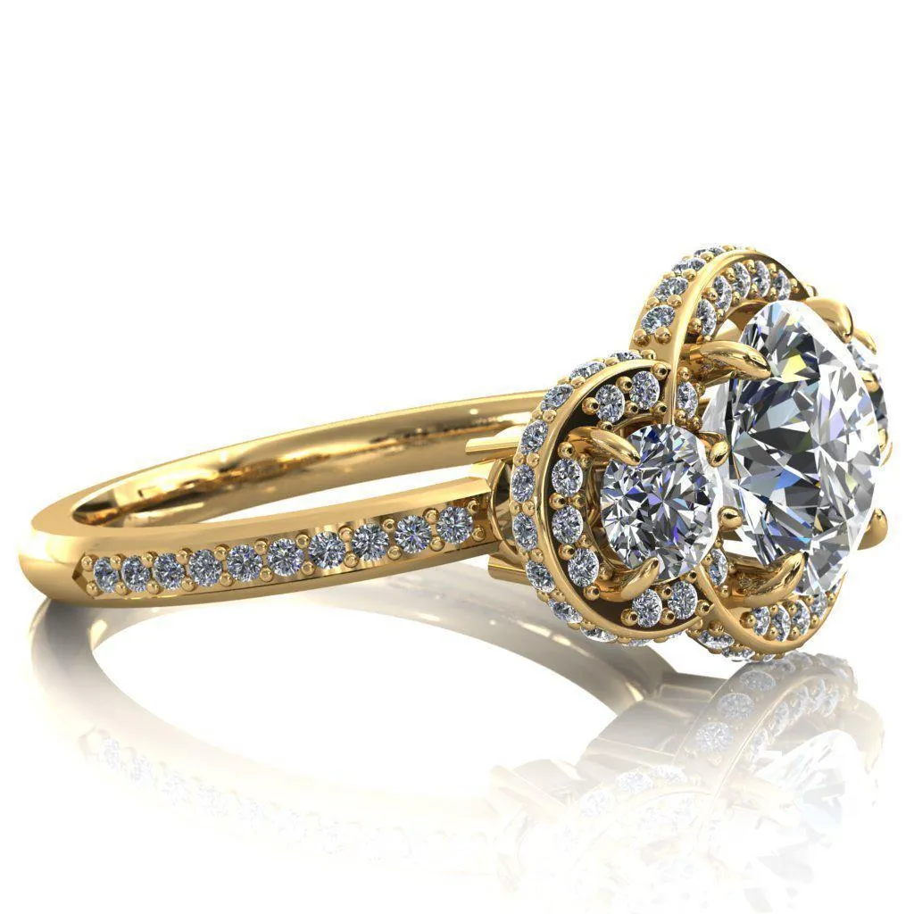 Melissa Round Center Stone 3 Stone Triple Halo Diamond Accent Ring