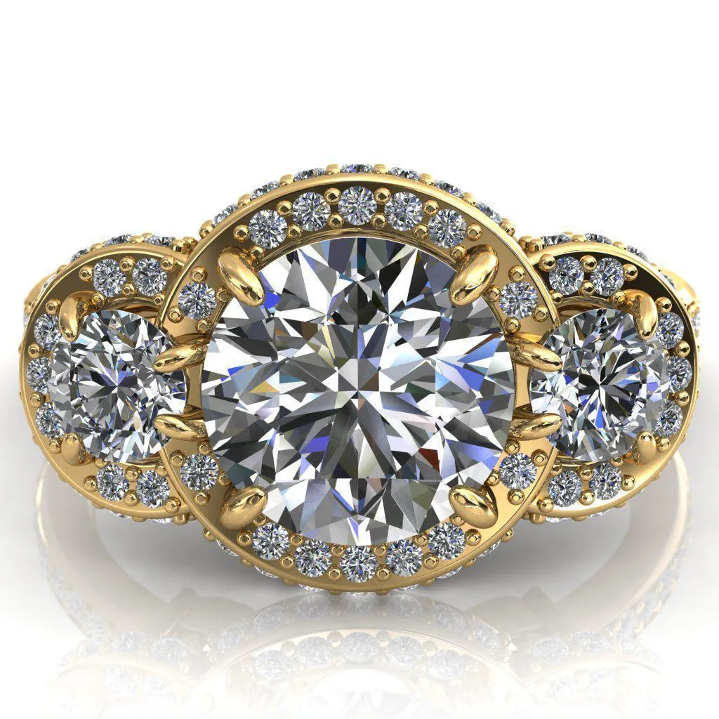 Melissa Round Center Stone 3 Stone Triple Halo Diamond Accent Ring
