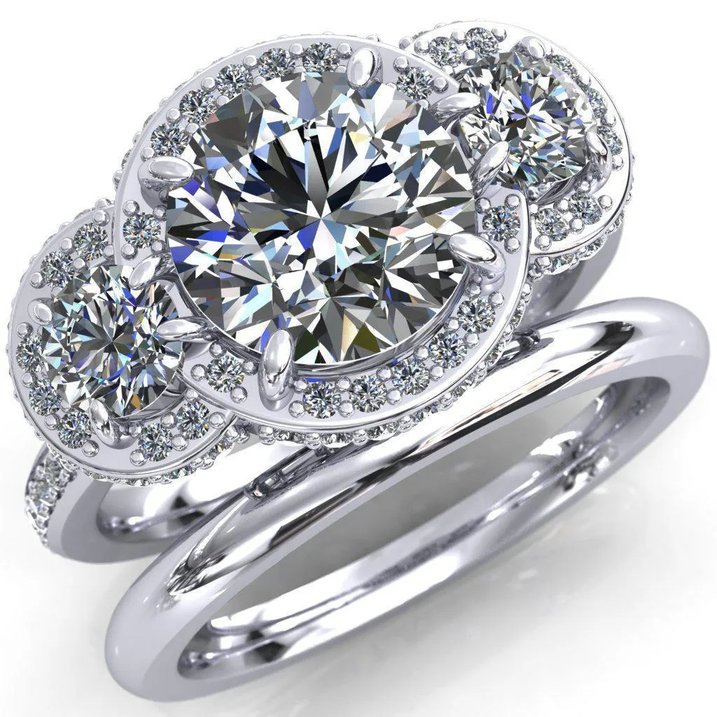 Melissa Round Center Stone 3 Stone Triple Halo Diamond Accent Ring