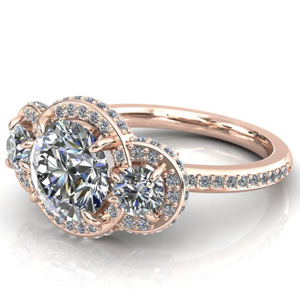 Melissa Round Center Stone 3 Stone Triple Halo Diamond Accent Ring