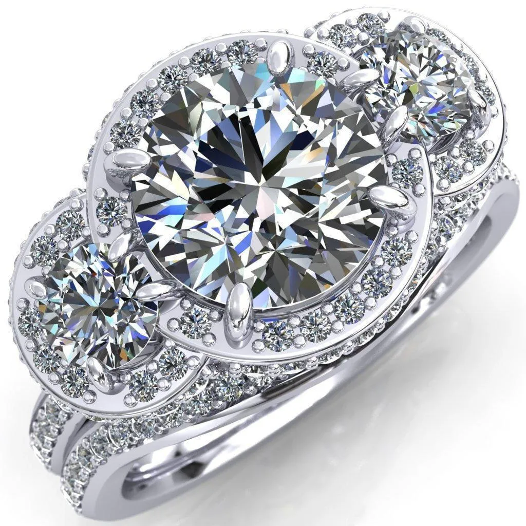 Melissa Round Center Stone 3 Stone Triple Halo Diamond Accent Ring