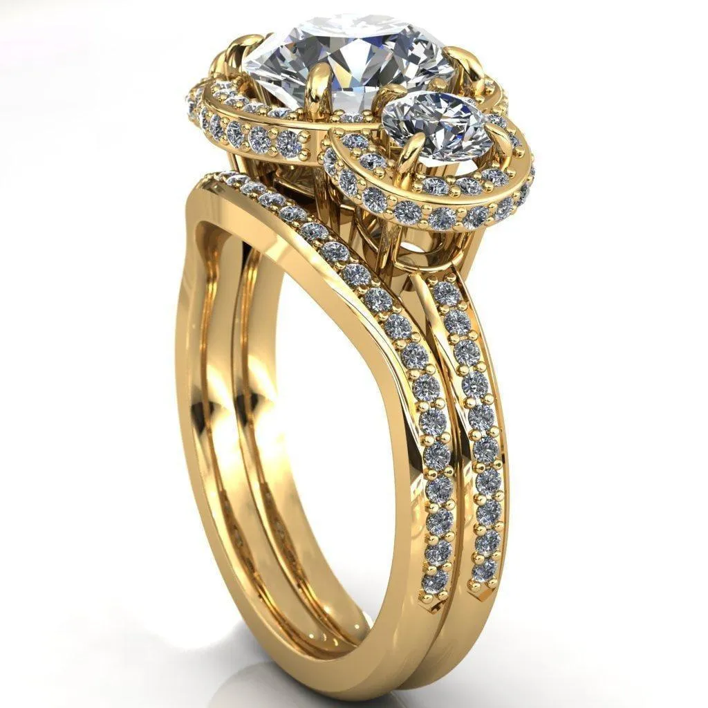 Melissa Round Center Stone 3 Stone Triple Halo Diamond Accent Ring