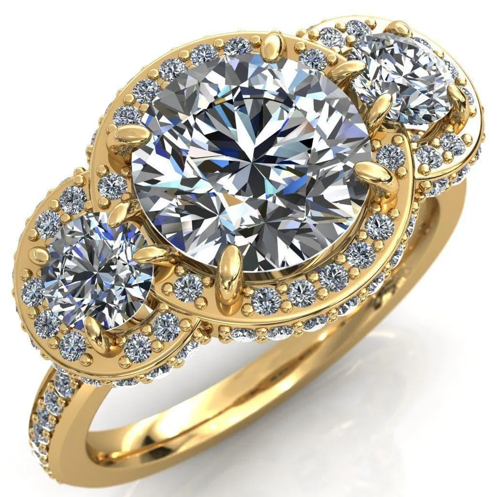 Melissa Round Center Stone 3 Stone Triple Halo Diamond Accent Ring