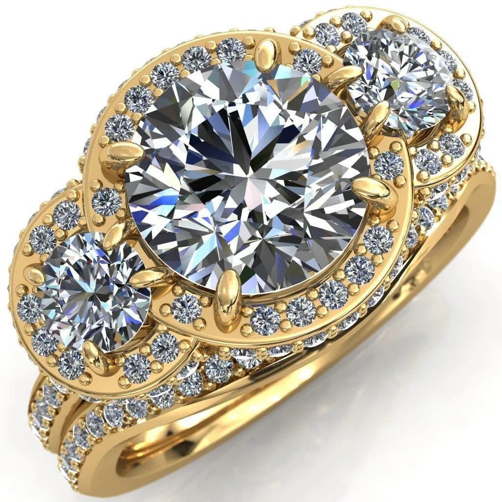Melissa Round Center Stone 3 Stone Triple Halo Diamond Accent Ring