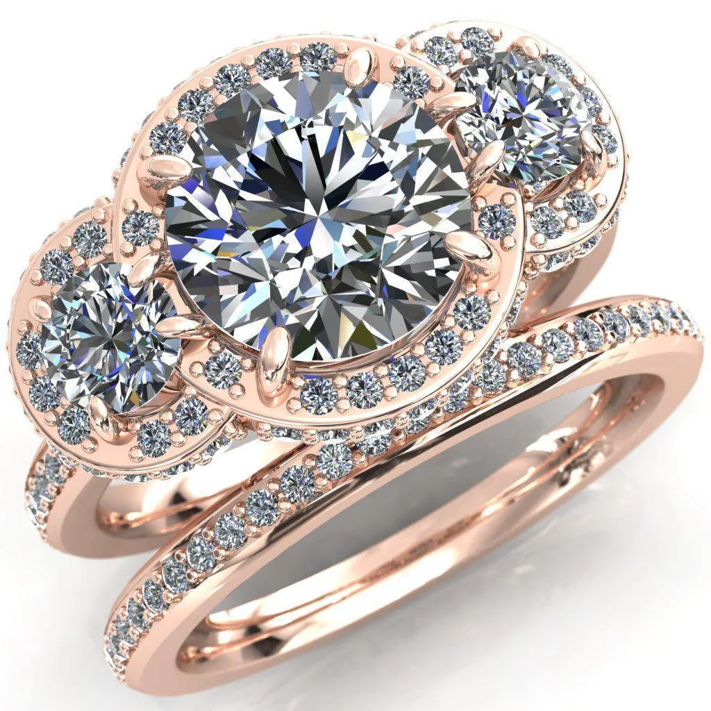 Melissa Round Center Stone 3 Stone Triple Halo Diamond Accent Ring