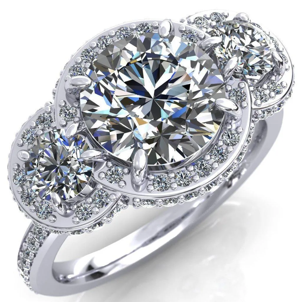 Melissa Round Center Stone 3 Stone Triple Halo Diamond Accent Ring