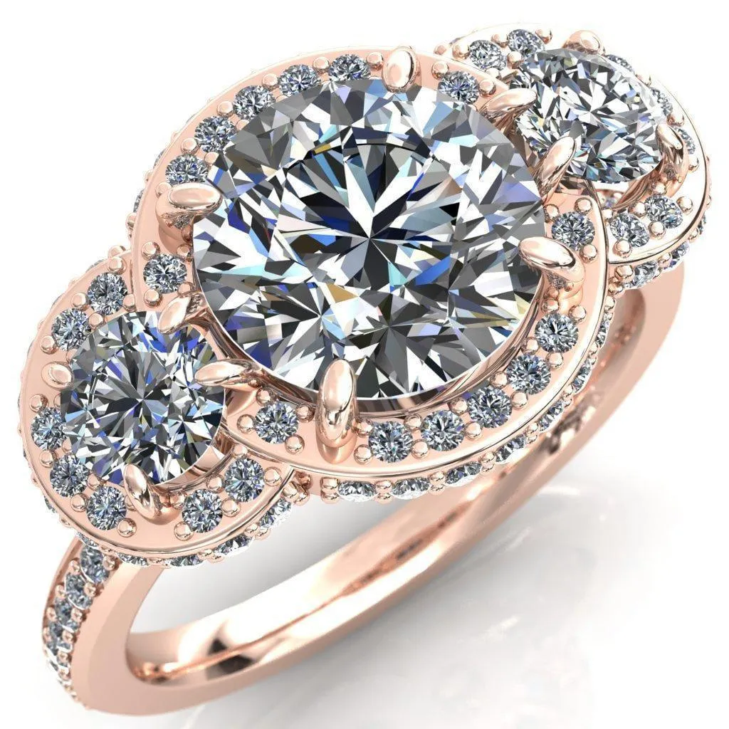 Melissa Round Center Stone 3 Stone Triple Halo Diamond Accent Ring