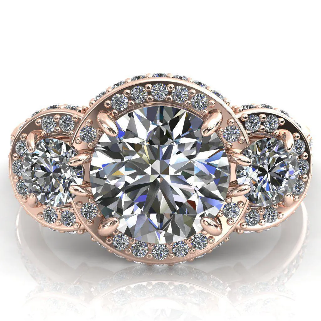 Melissa Round Center Stone 3 Stone Triple Halo Diamond Accent Ring