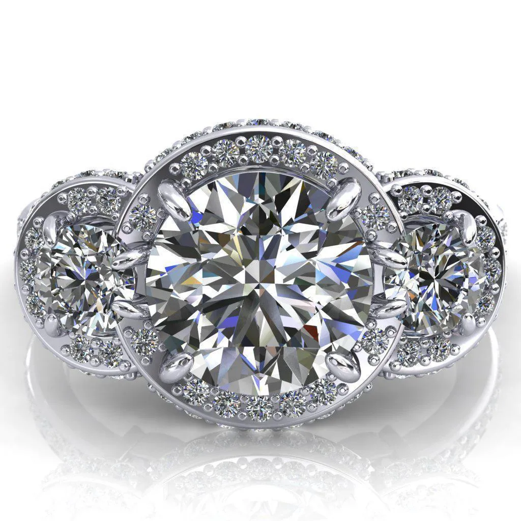 Melissa Round Center Stone 3 Stone Triple Halo Diamond Accent Ring
