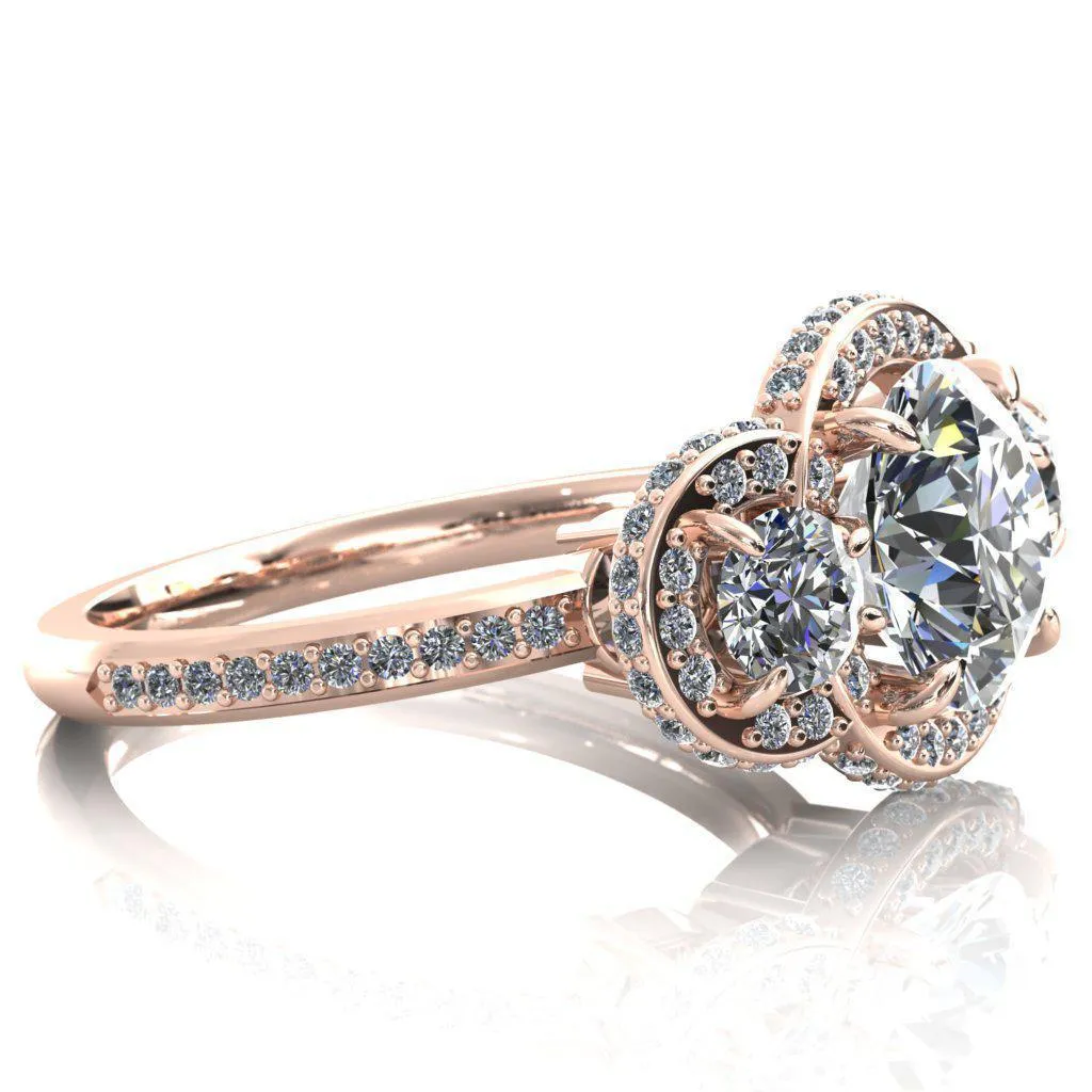 Melissa Round Center Stone 3 Stone Triple Halo Diamond Accent Ring