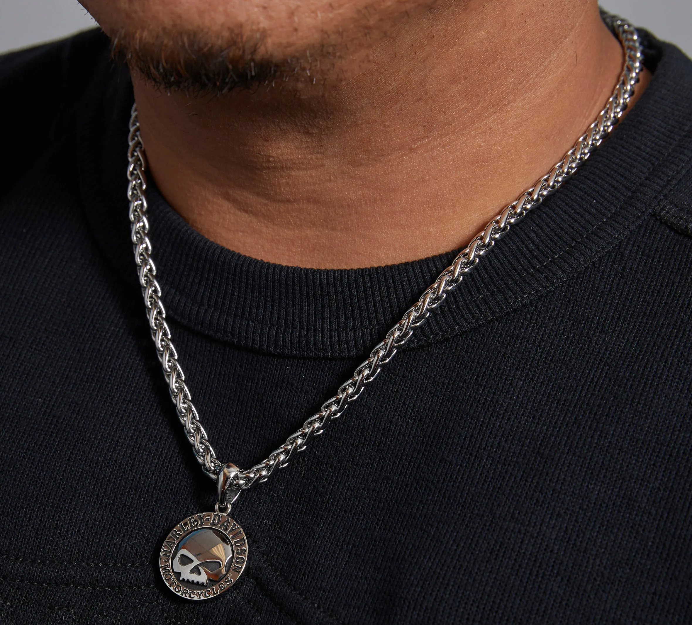 Men's Steel Skull Disc Necklace - Silver