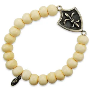 Mens White Bone Bead Elastic Bracelet with Silver Fleur De Lys Shield Charm