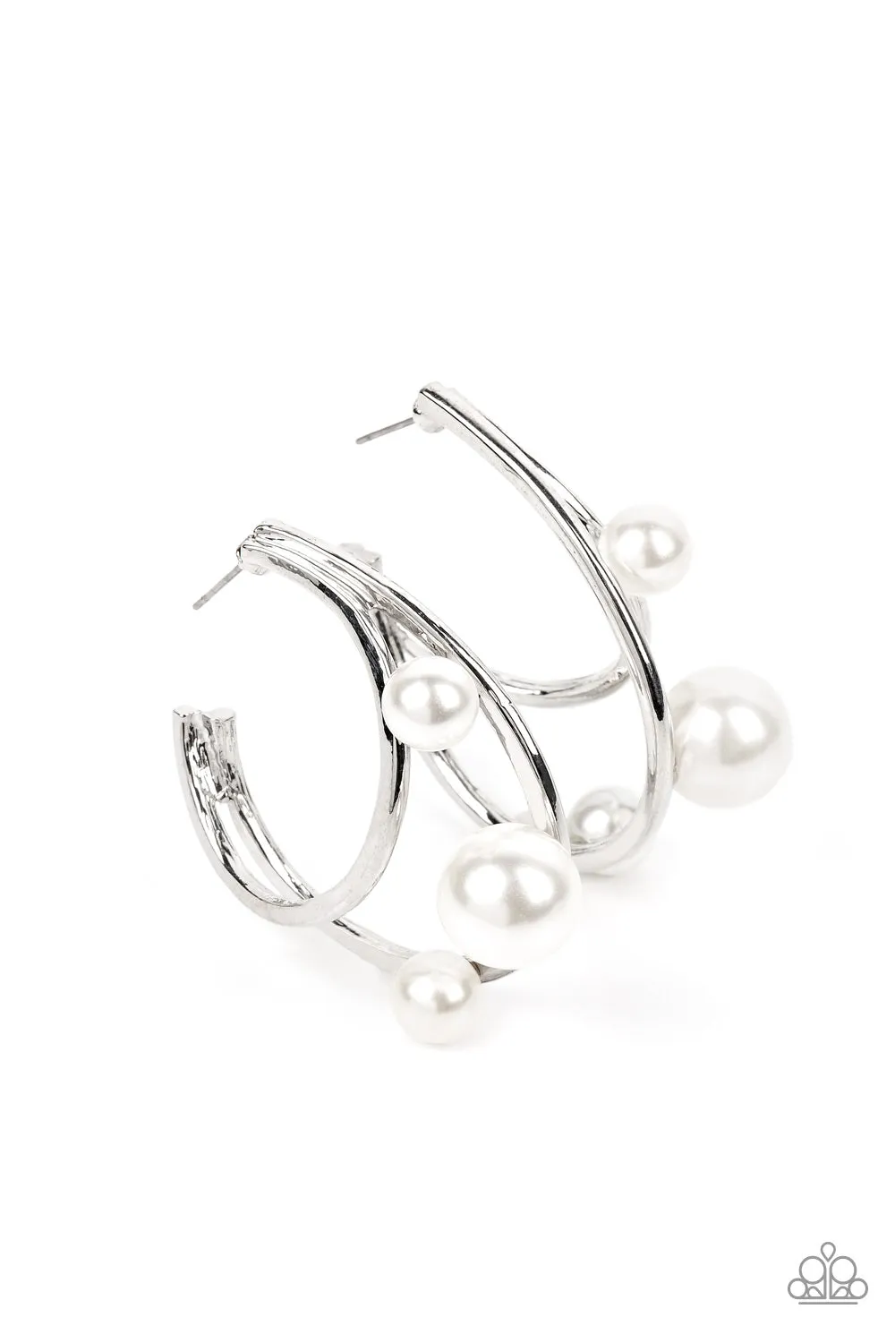 Metro Pier - White - Pearl Silver Double Hoop Paparazzi Earrings