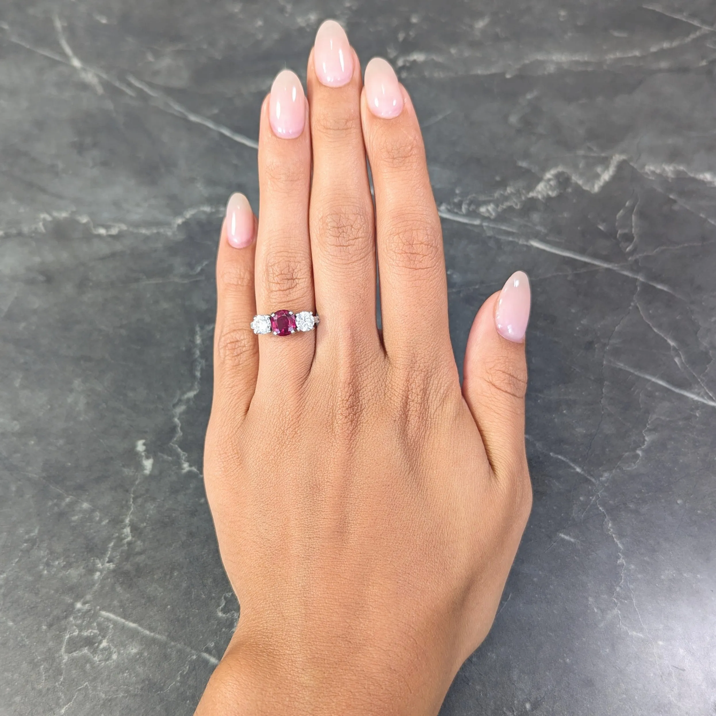 Mid-Century 2.84 CTW No Heat Ruby Diamond Platinum Vintage Three Stone Ring GIA