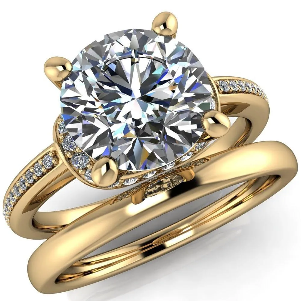 Miliani Round Center Stone 4-Prong Resting Diamond Under Bezel with Diamond High Shoulders Ring