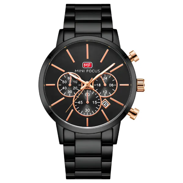 Mini Focus Black Stainless Steel Black Dial Chronograph Quartz Watch for Gents - MF0294G-04