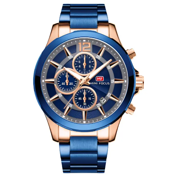 Mini Focus Blue Stainless Steel Blue Dial Chronograph Quartz Watch for Gents - MF0237G-01