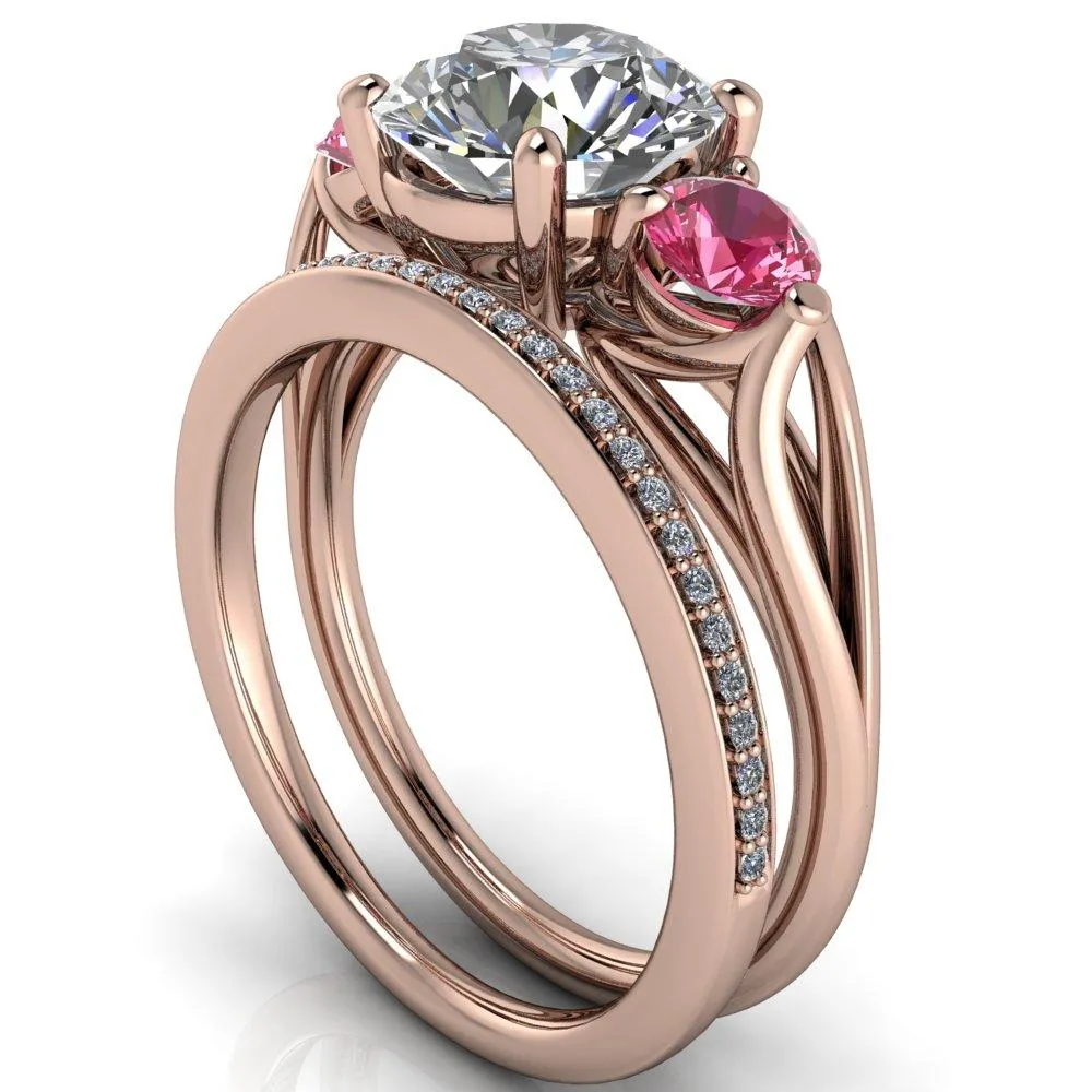Mira Round Center Stone Pink Sapphire Side Split Shank Cathedral Hybrid Engagement Ring