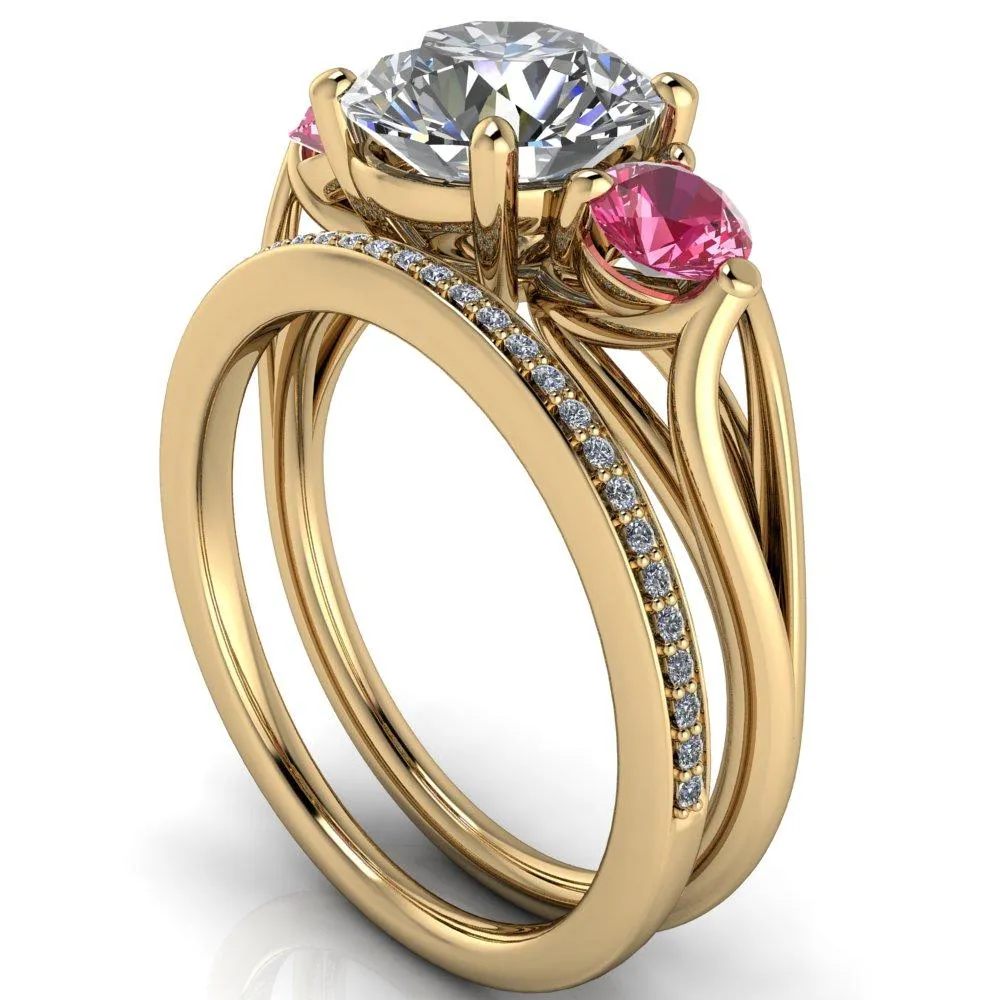 Mira Round Center Stone Pink Sapphire Side Split Shank Cathedral Hybrid Engagement Ring
