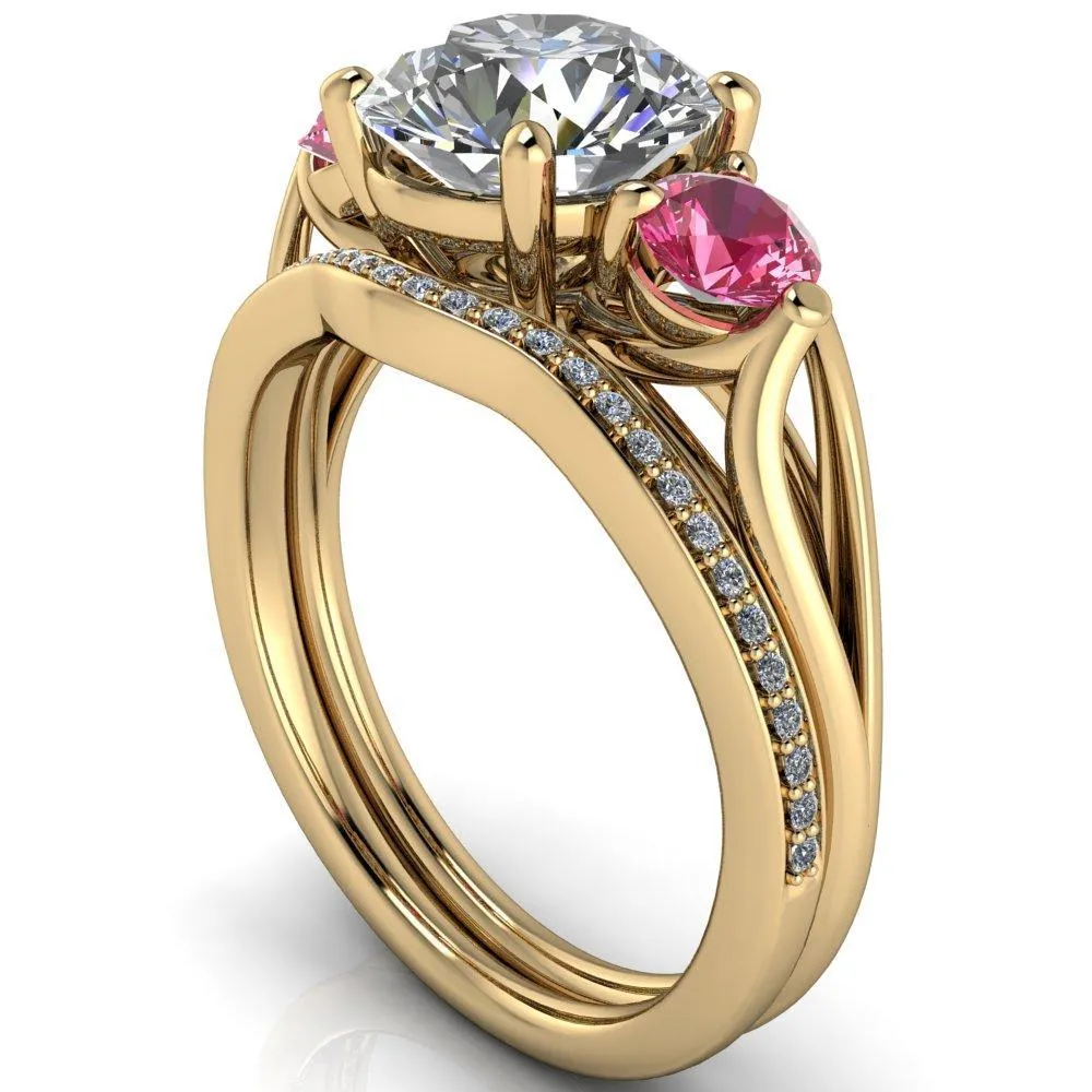 Mira Round Center Stone Pink Sapphire Side Split Shank Cathedral Hybrid Engagement Ring