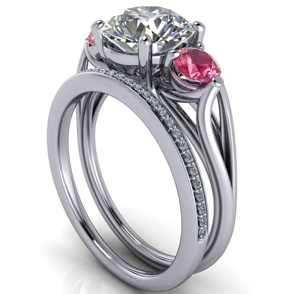 Mira Round Center Stone Pink Sapphire Side Split Shank Cathedral Hybrid Engagement Ring