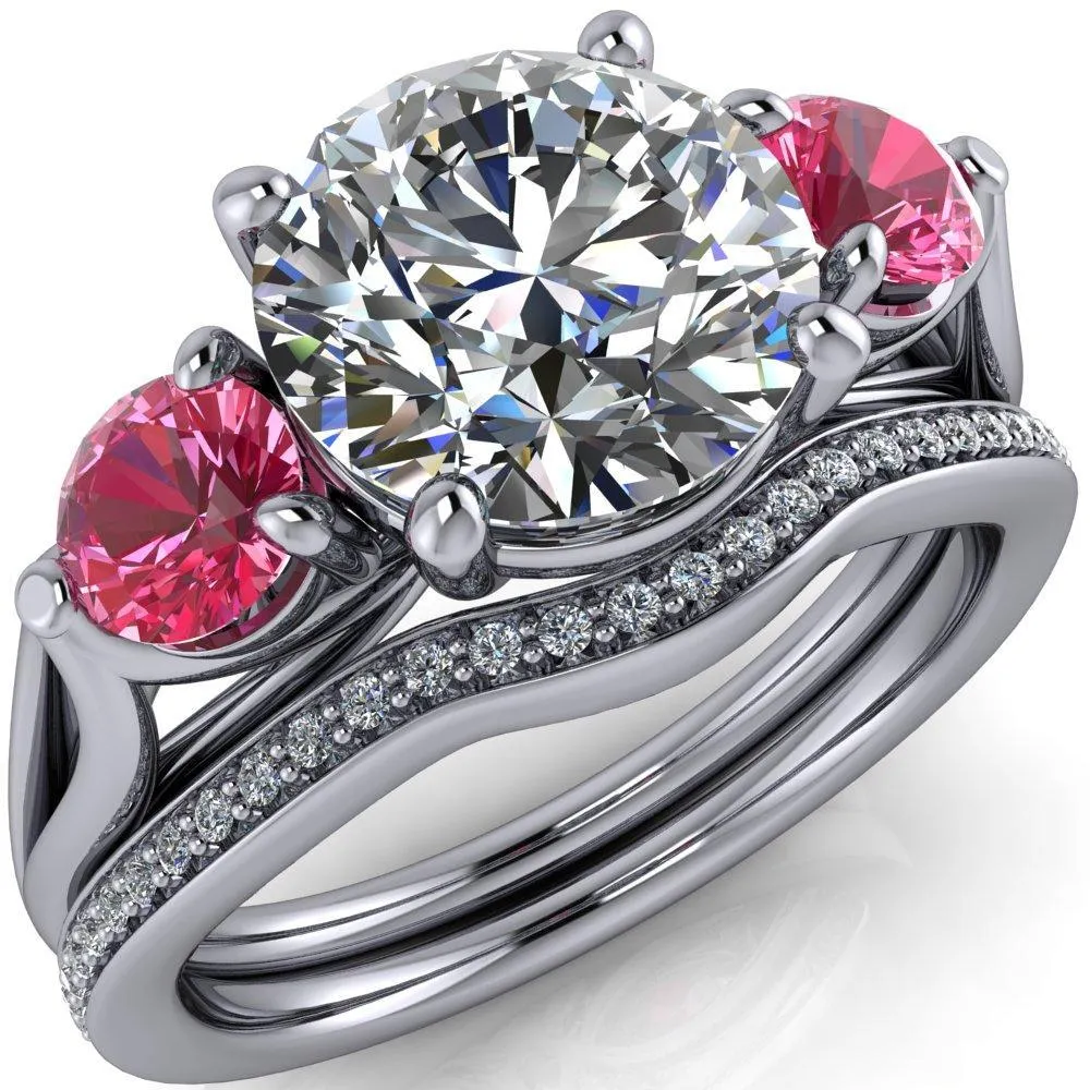 Mira Round Center Stone Pink Sapphire Side Split Shank Cathedral Hybrid Engagement Ring