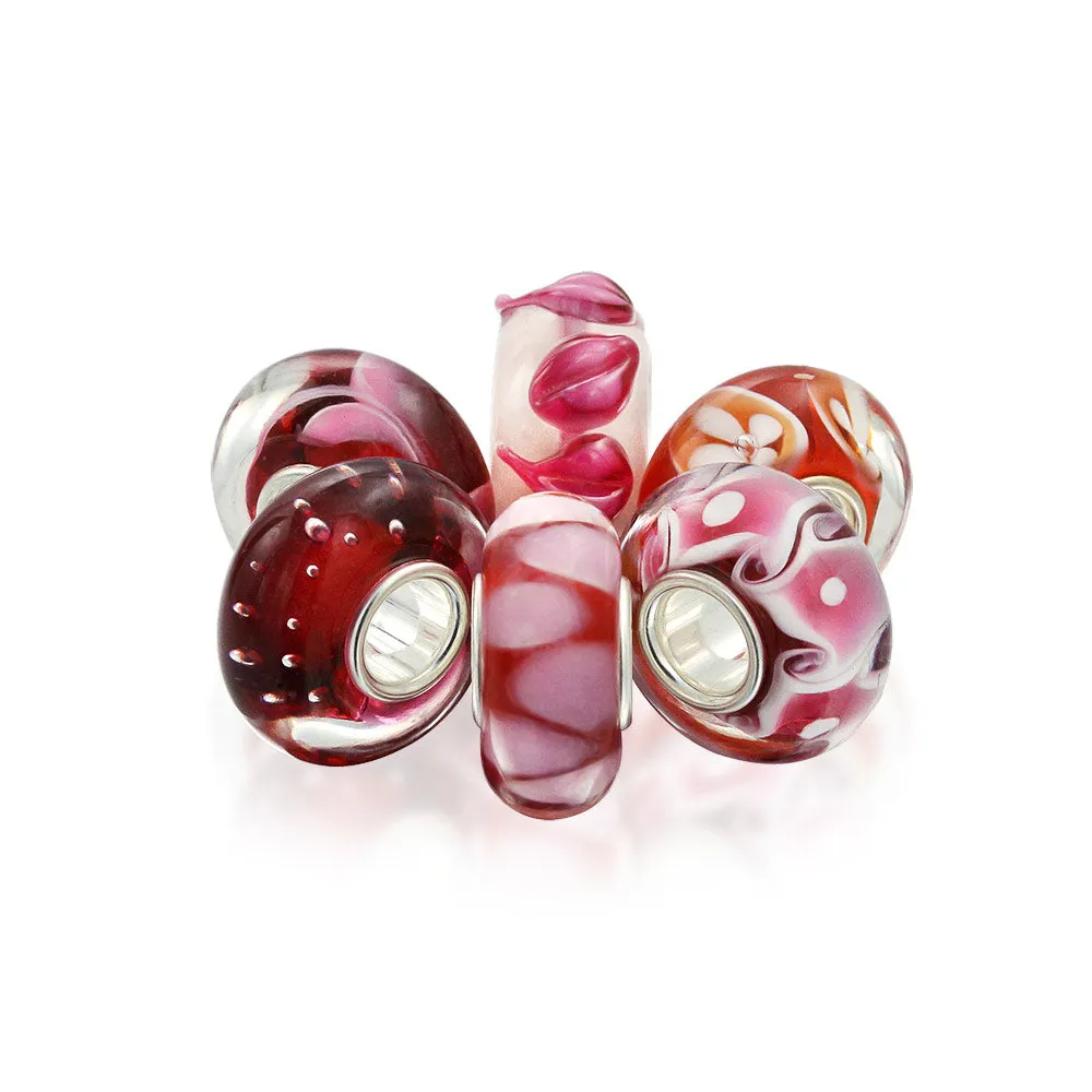 Mixed Set Silver Core Red Pink Floral Murano Glass Charm Bead for Bracelet