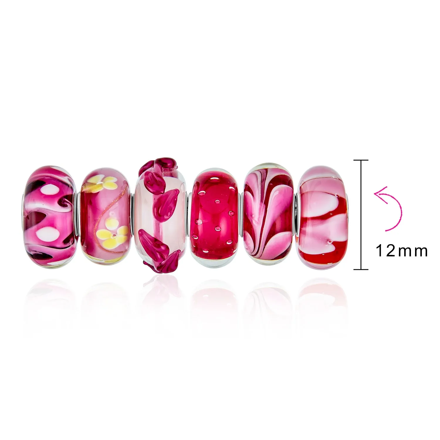 Mixed Set Silver Core Red Pink Floral Murano Glass Charm Bead for Bracelet