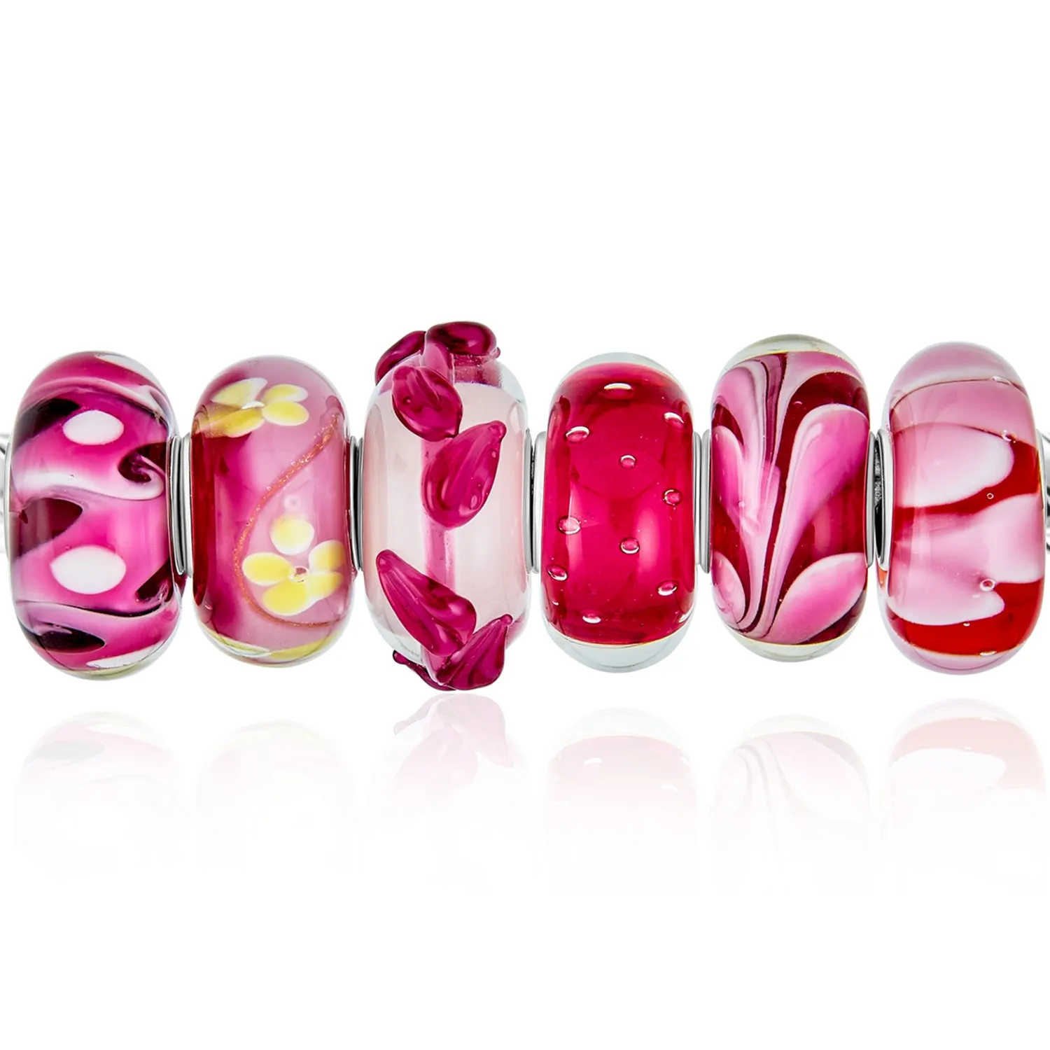 Mixed Set Silver Core Red Pink Floral Murano Glass Charm Bead for Bracelet
