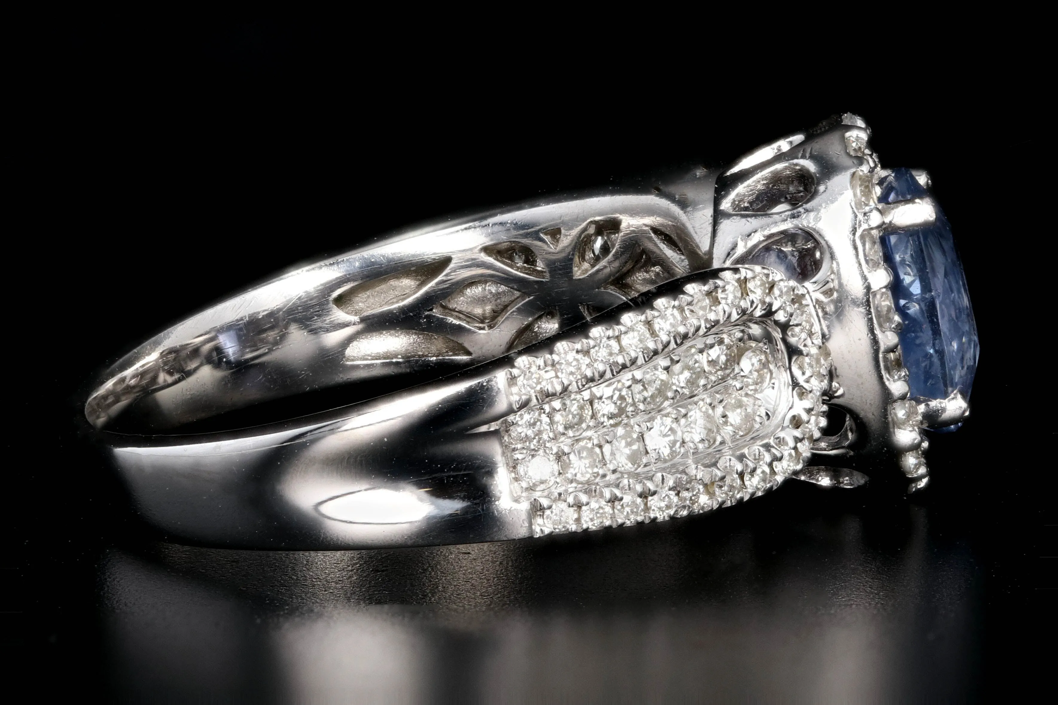 Modern 18K White Gold 1.75 CTR No Heat Natural Sapphire and Diamond Ring