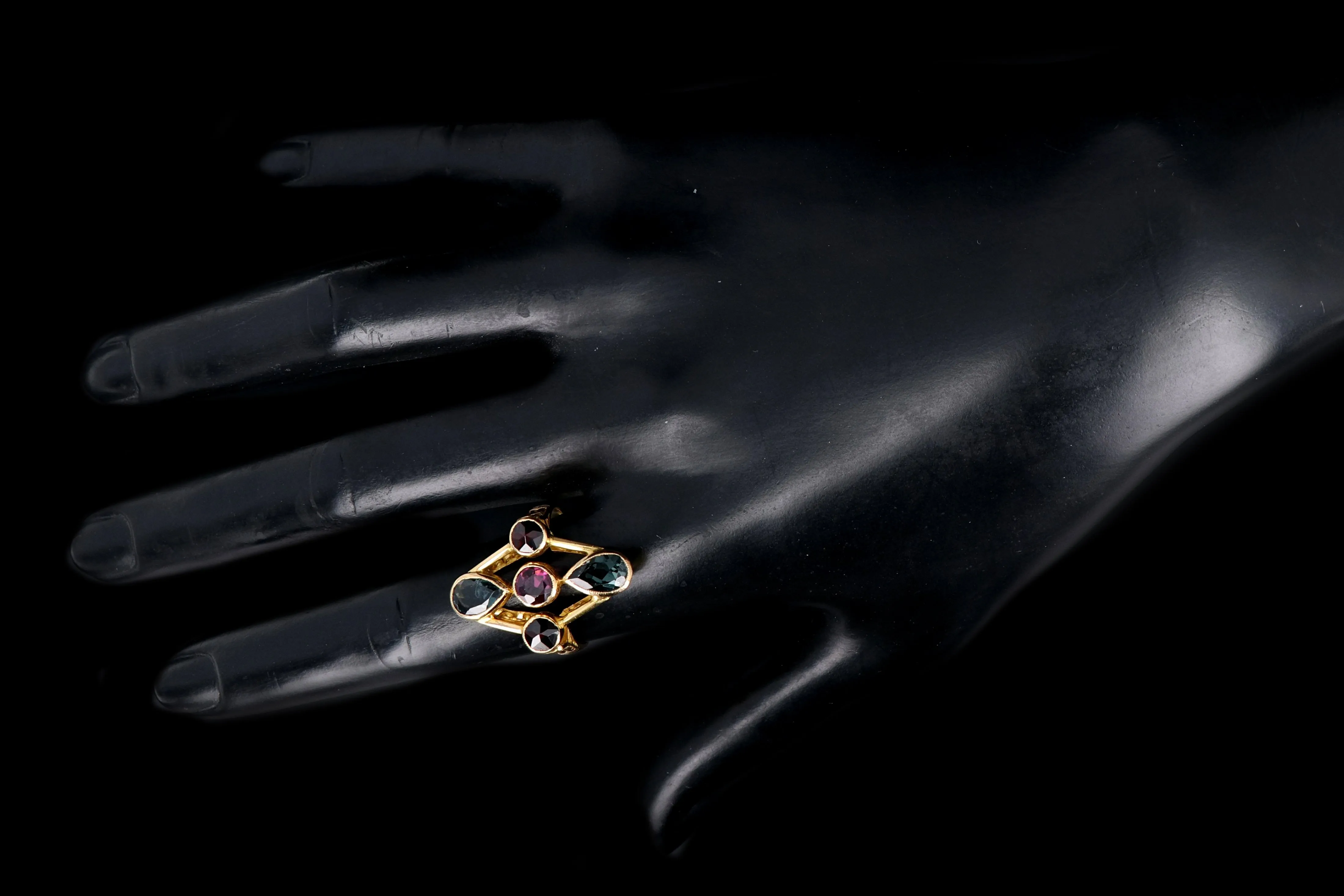 Modern 18K Yellow Gold .50 CT Rhodolite Garnet and Sapphire Statement Ring