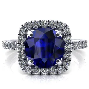 Molly Round Blue Sapphire Halo 4 Prong 3/4 Diamond Eternity Engagement Ring