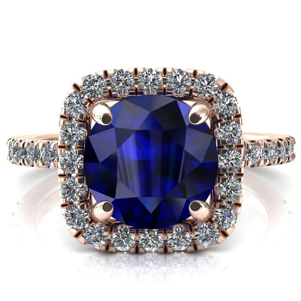 Molly Round Blue Sapphire Halo 4 Prong 3/4 Diamond Eternity Engagement Ring