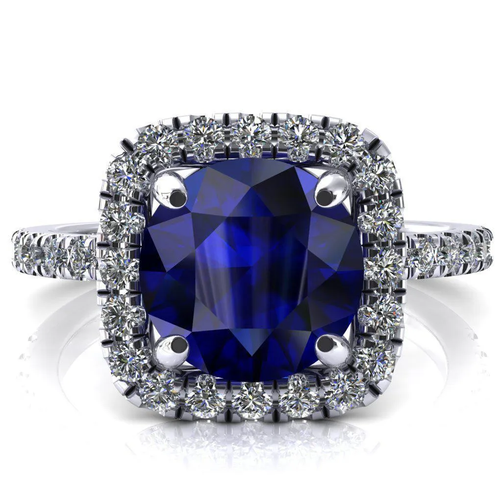 Molly Round Blue Sapphire Halo 4 Prong 3/4 Diamond Eternity Engagement Ring