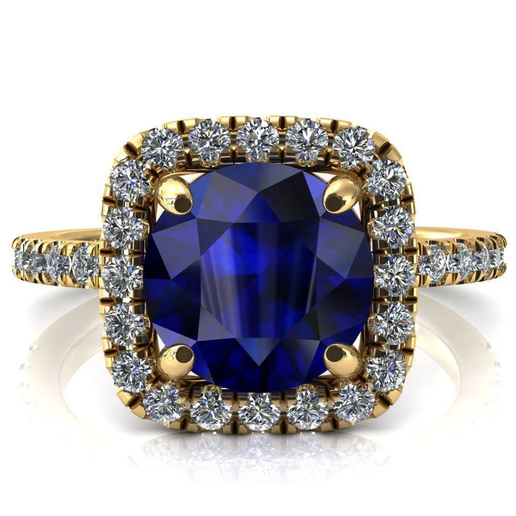 Molly Round Blue Sapphire Halo 4 Prong 3/4 Diamond Eternity Engagement Ring