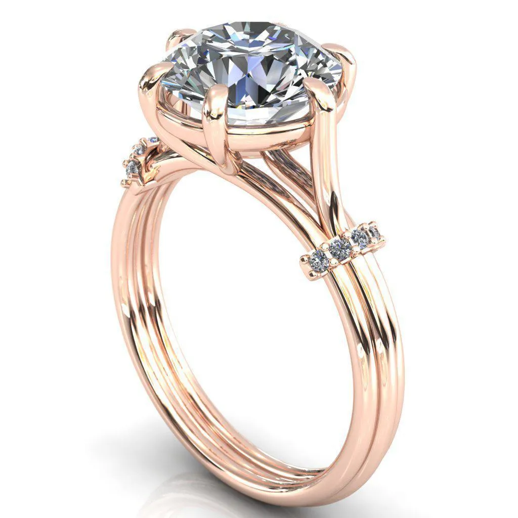 Mona Round Center Stone 6 Claw Prong Diamond Sides Juliette Triple Heart Ring