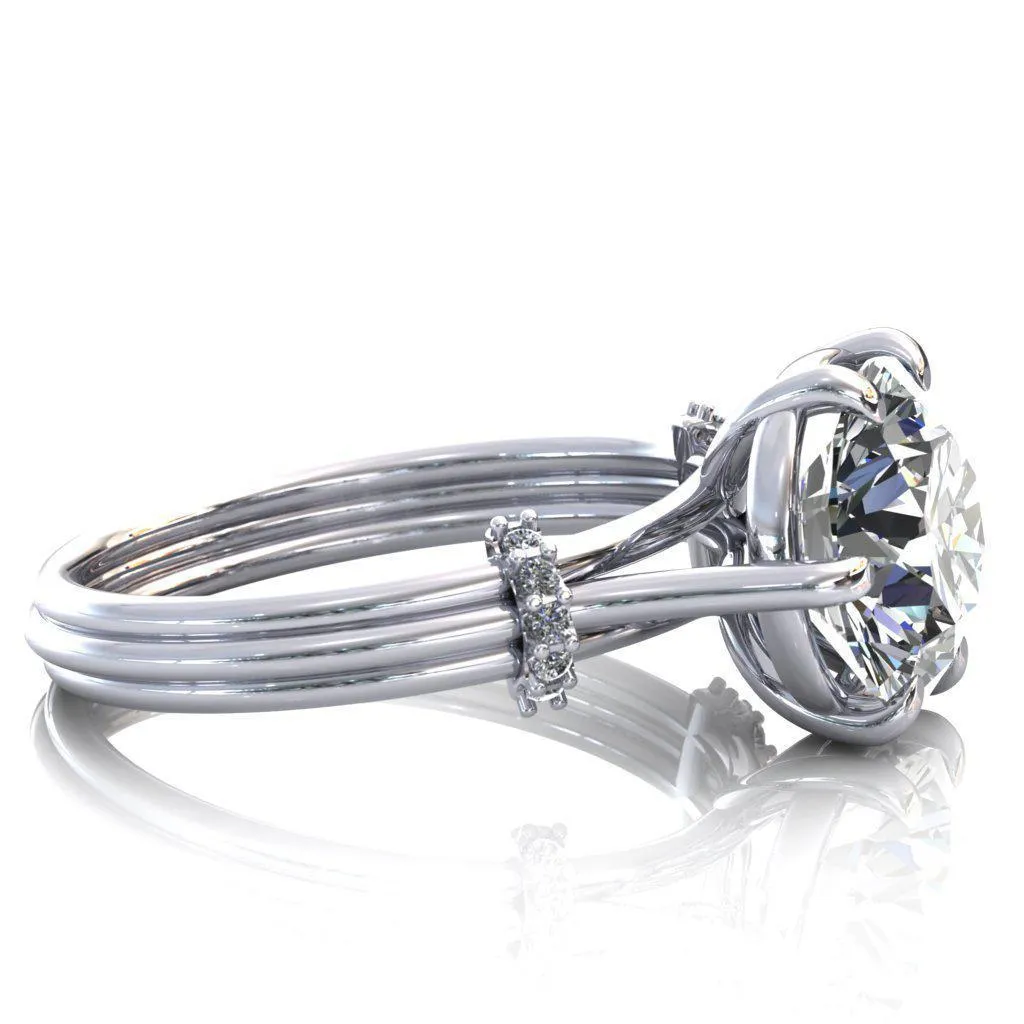 Mona Round Center Stone 6 Claw Prong Diamond Sides Juliette Triple Heart Ring