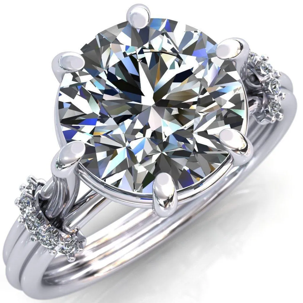 Mona Round Center Stone 6 Claw Prong Diamond Sides Juliette Triple Heart Ring