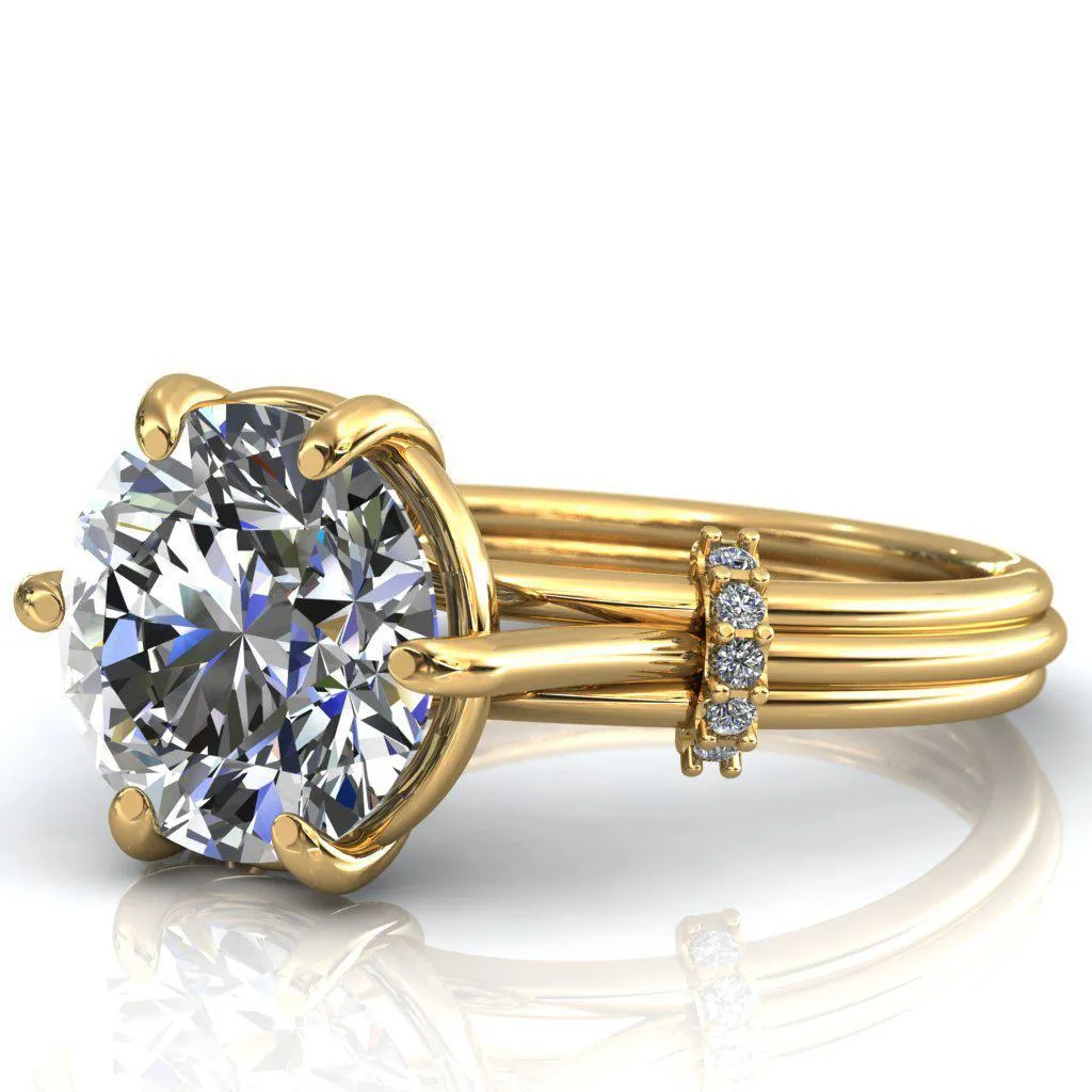 Mona Round Center Stone 6 Claw Prong Diamond Sides Juliette Triple Heart Ring