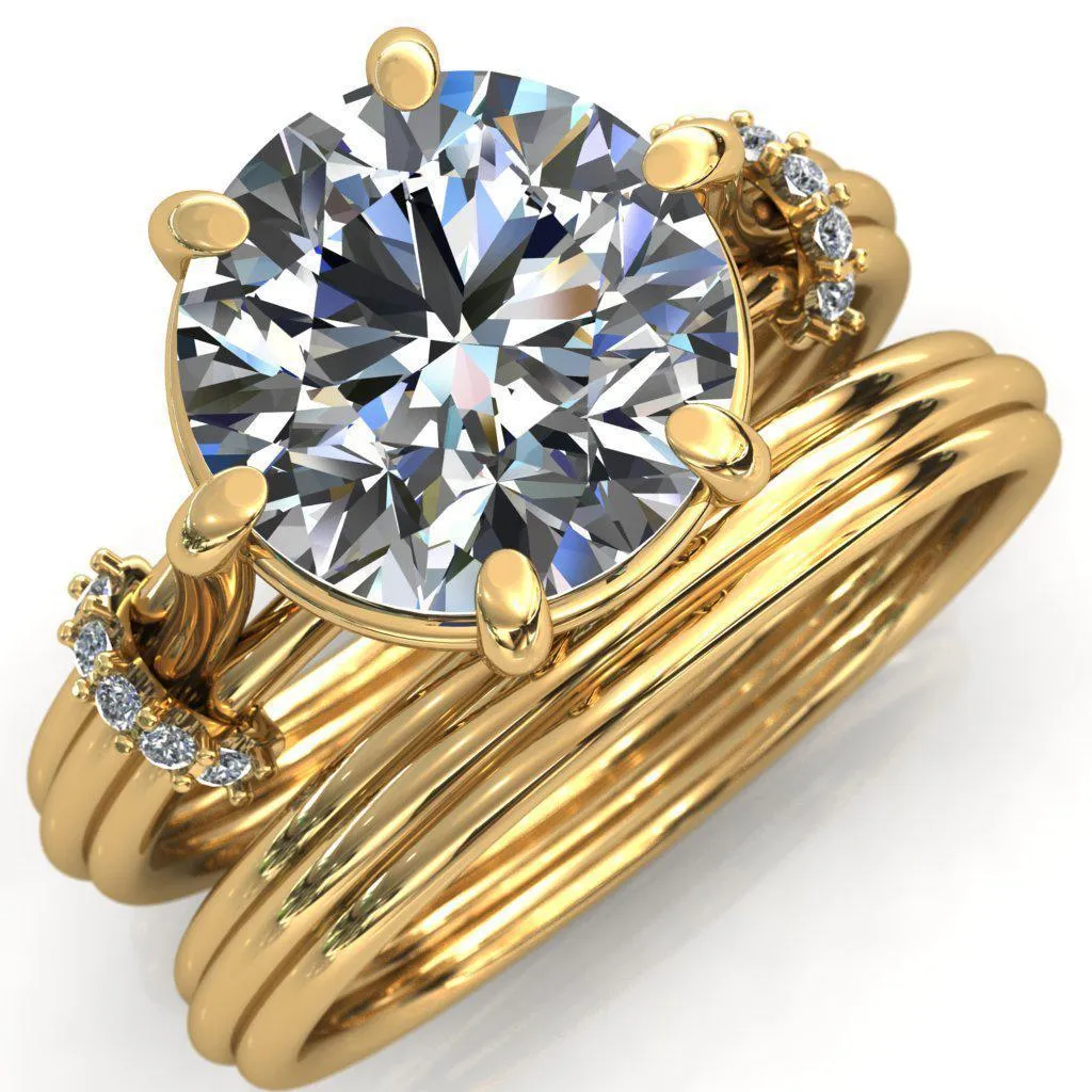 Mona Round Center Stone 6 Claw Prong Diamond Sides Juliette Triple Heart Ring