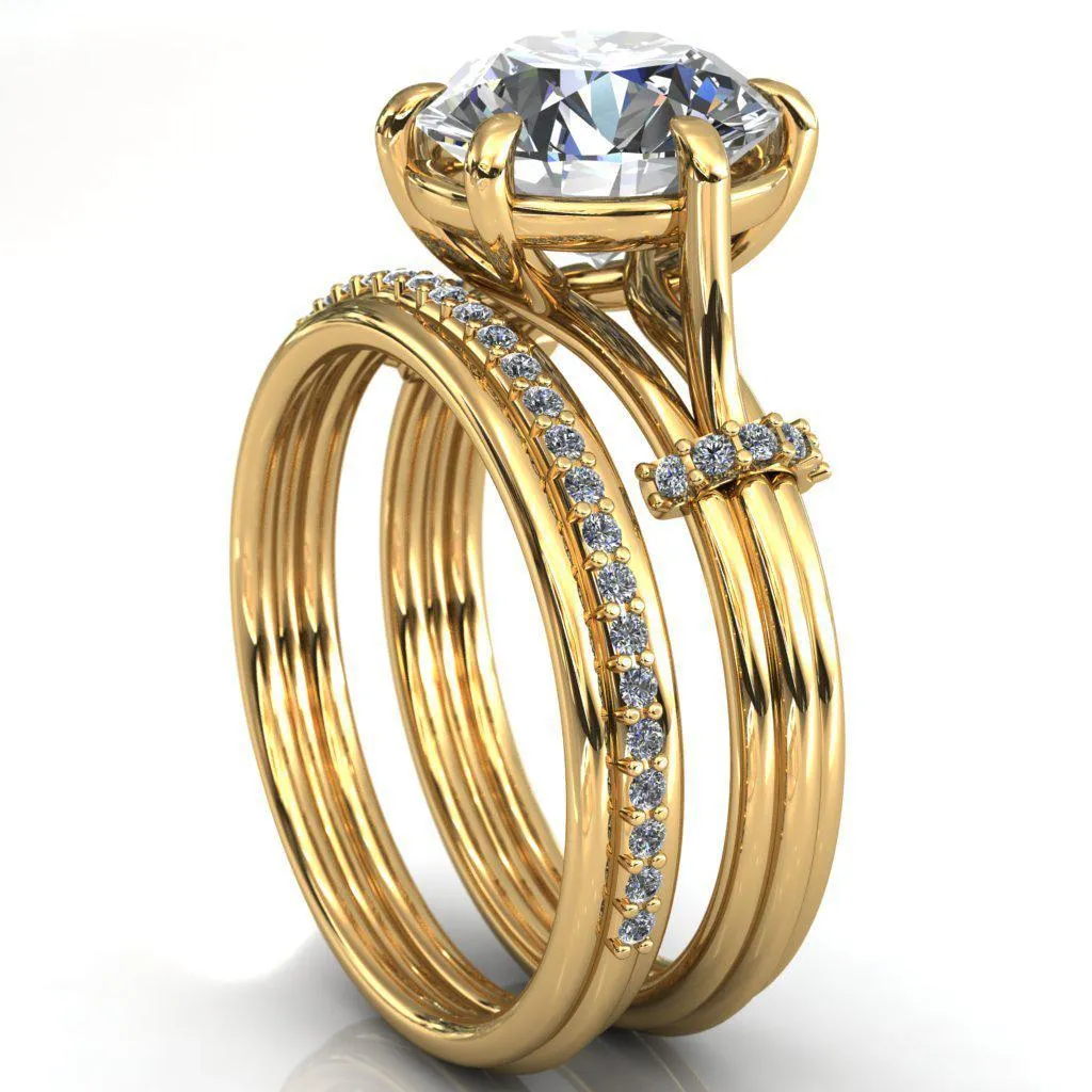 Mona Round Center Stone 6 Claw Prong Diamond Sides Juliette Triple Heart Ring