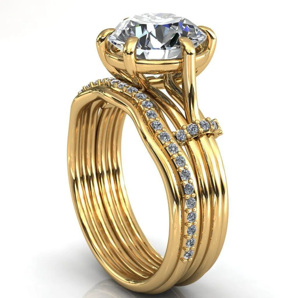 Mona Round Center Stone 6 Claw Prong Diamond Sides Juliette Triple Heart Ring